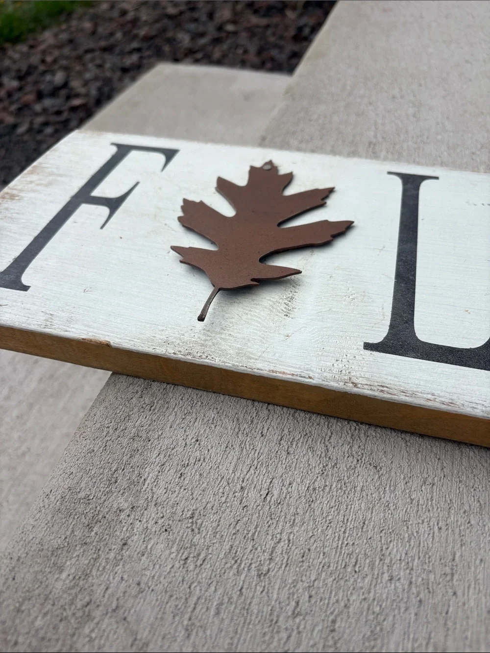 Rustic White Wood FALL Wall Sign with Brown Leaf Accent